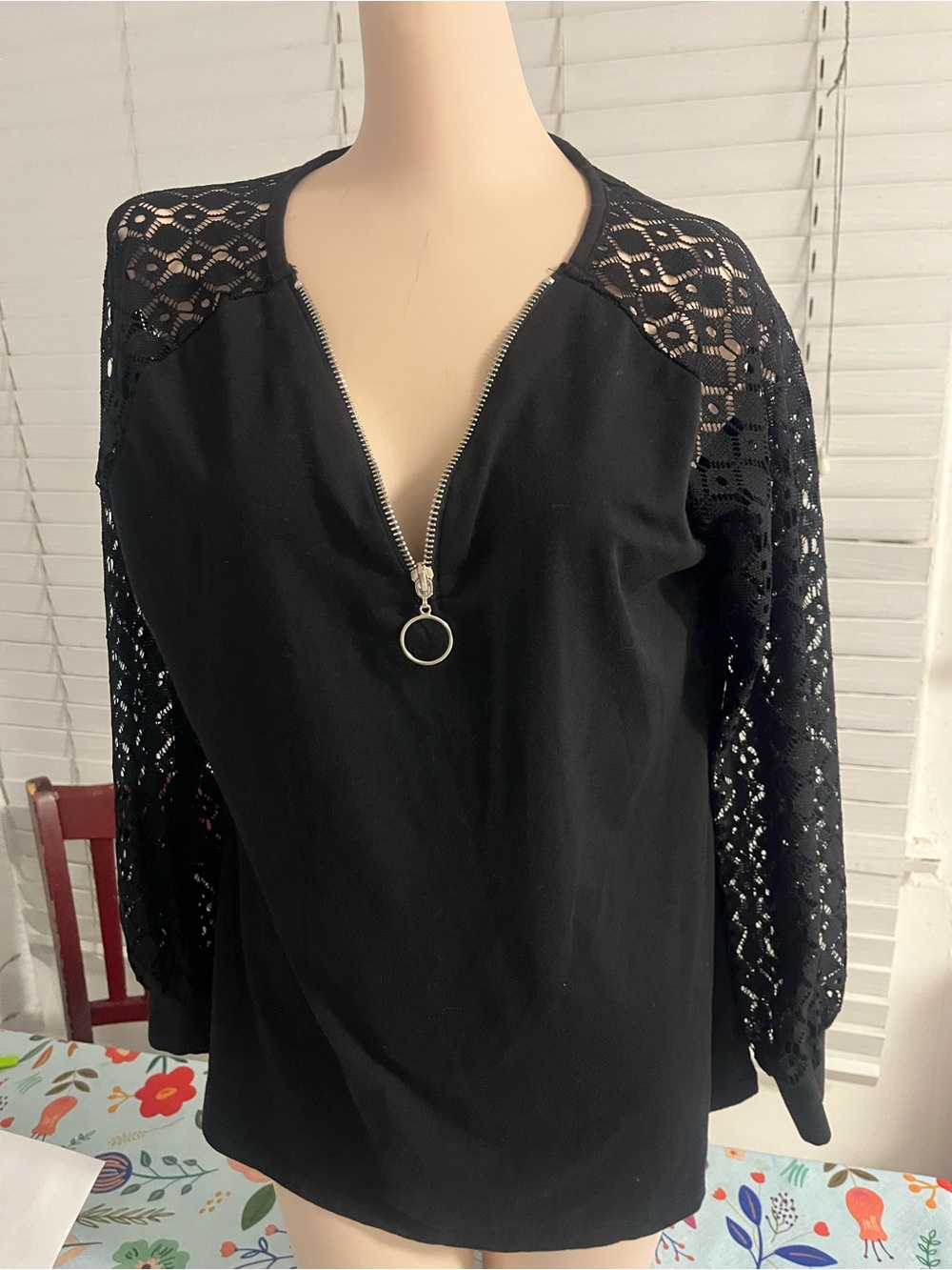 Black Lace-Sleeve Women's Top with Silver Zip